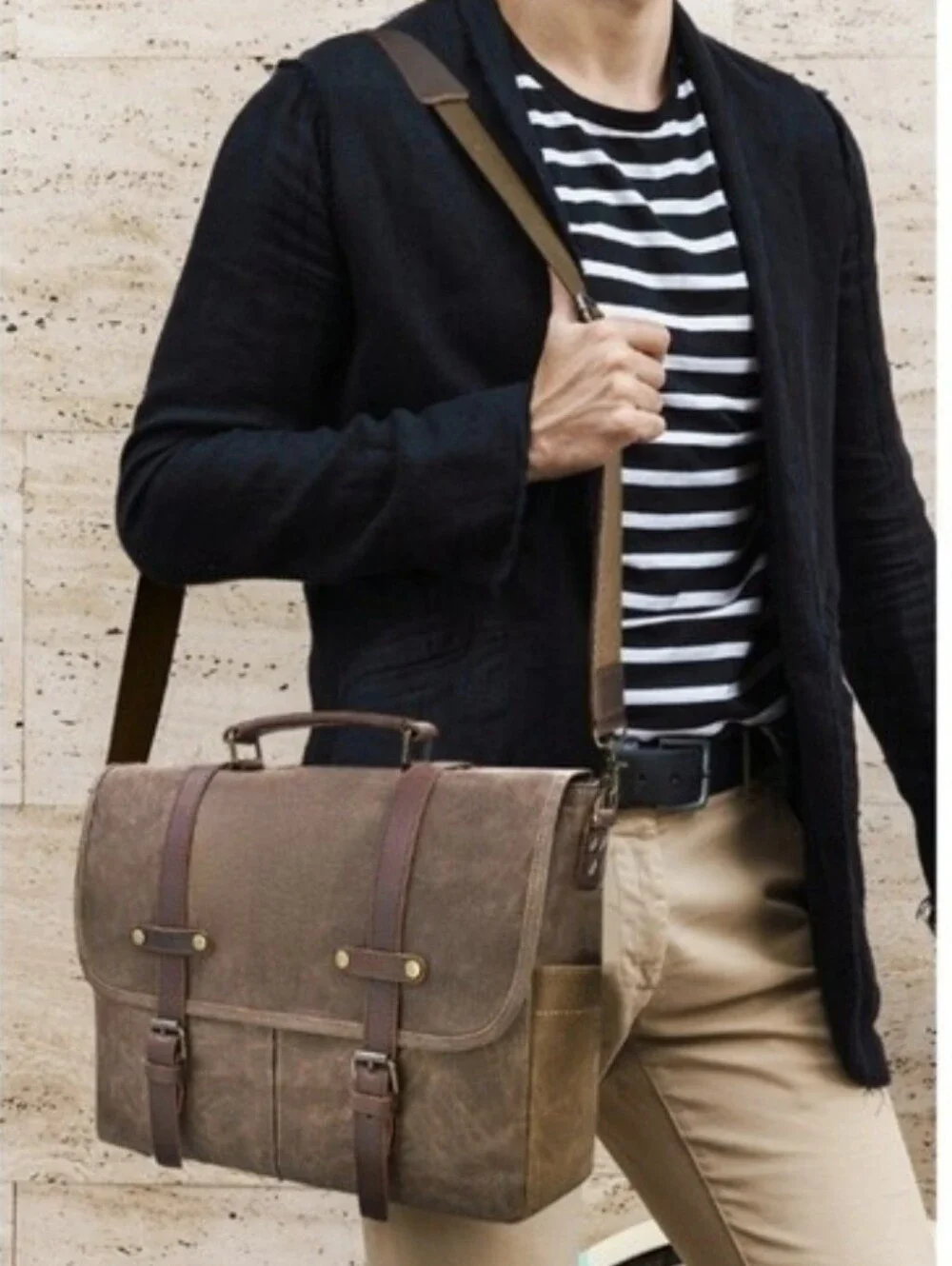 NEWHEY messenger bag waxed canvas + distressed leather Breifcase Campus Satchel